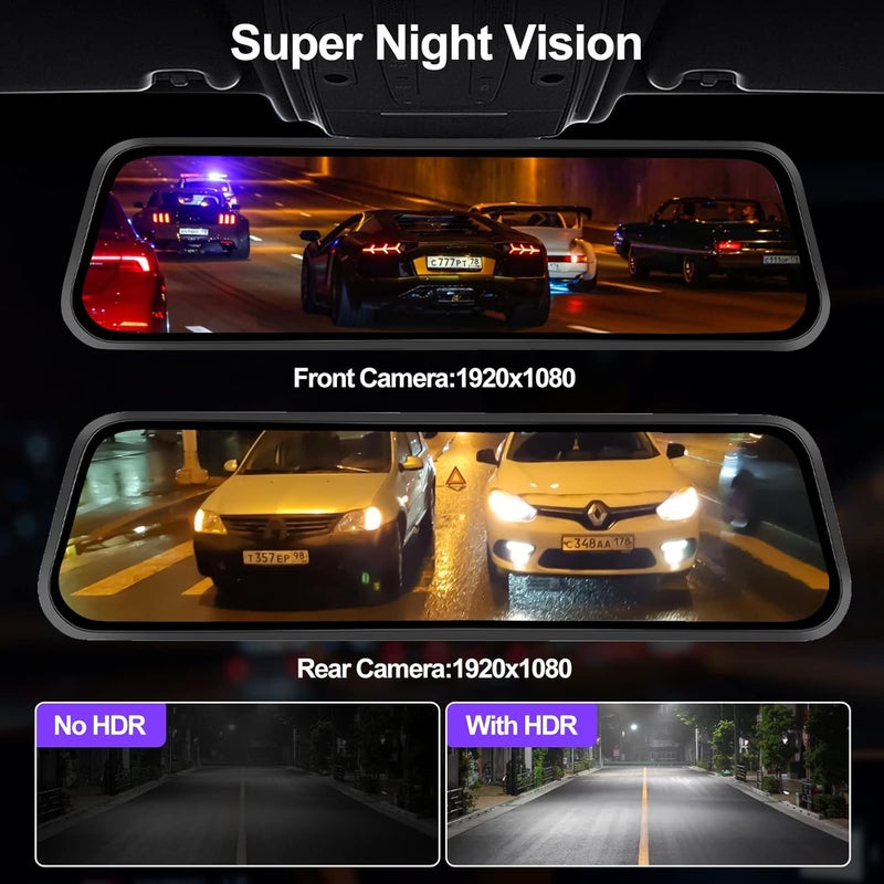 AMprime Mirror Dash Cam 9.66" 1080P Front and Rear View Dual Cameras Rear View Mirror Dash Cam with Night Vision,G-Sensor,Parking Assistance,24H Parking Monitor,HD Waterproof Backup Camera,Free 32GB Card - Image 4